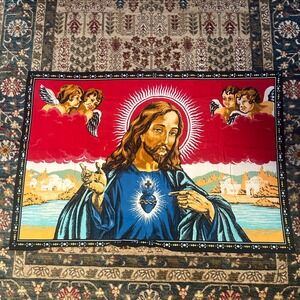 Vintage Jesus Sacred Heart Tapestry Wall Hanging Art Angels Religious Decor